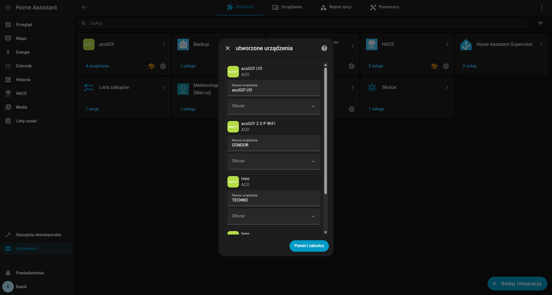 dodawanie integracji