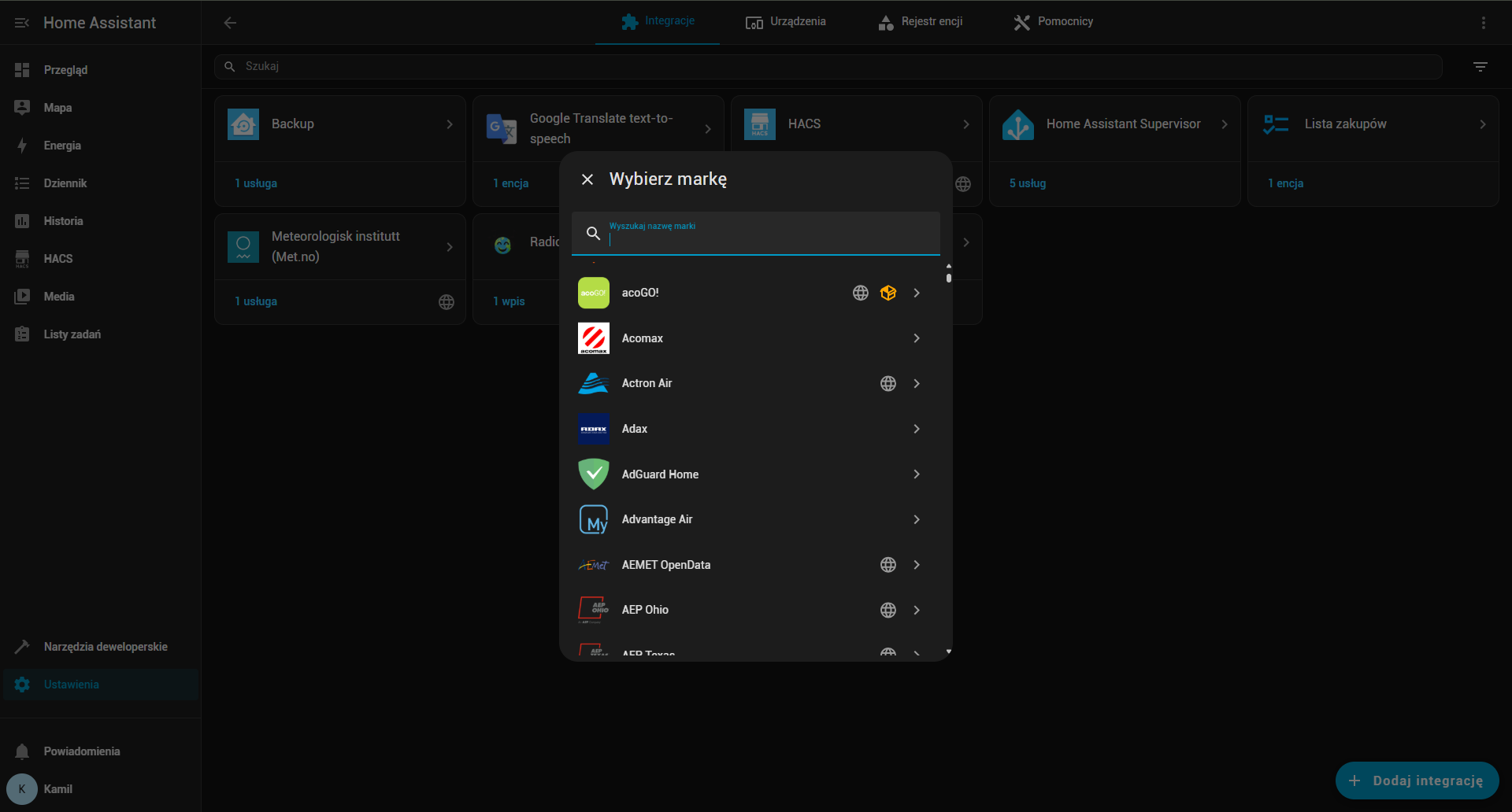 dodawanie integracji